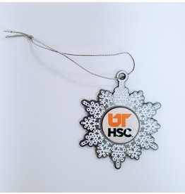 (REG. $13) 2.5" WHITE GLITTER PEWTER SNOWFLAKE ORNAMENT w/ UTHSC STACKED