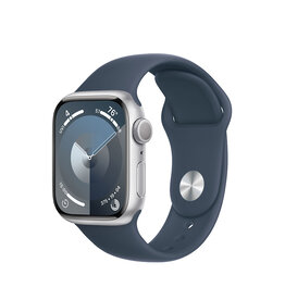 APPLE REDUCED FROM $399 APPLE WATCH SERIES 9 GPS 41mm SILVER ALUMINUM CASE w/ STORM BLUE SPORT BAND - M/L