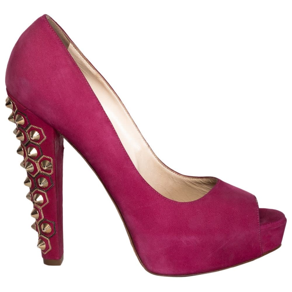 BRIAN ATWOOD RASPBERRY SUEDE POWER STUDDED PEEP TOE PUMPS (39 EU)