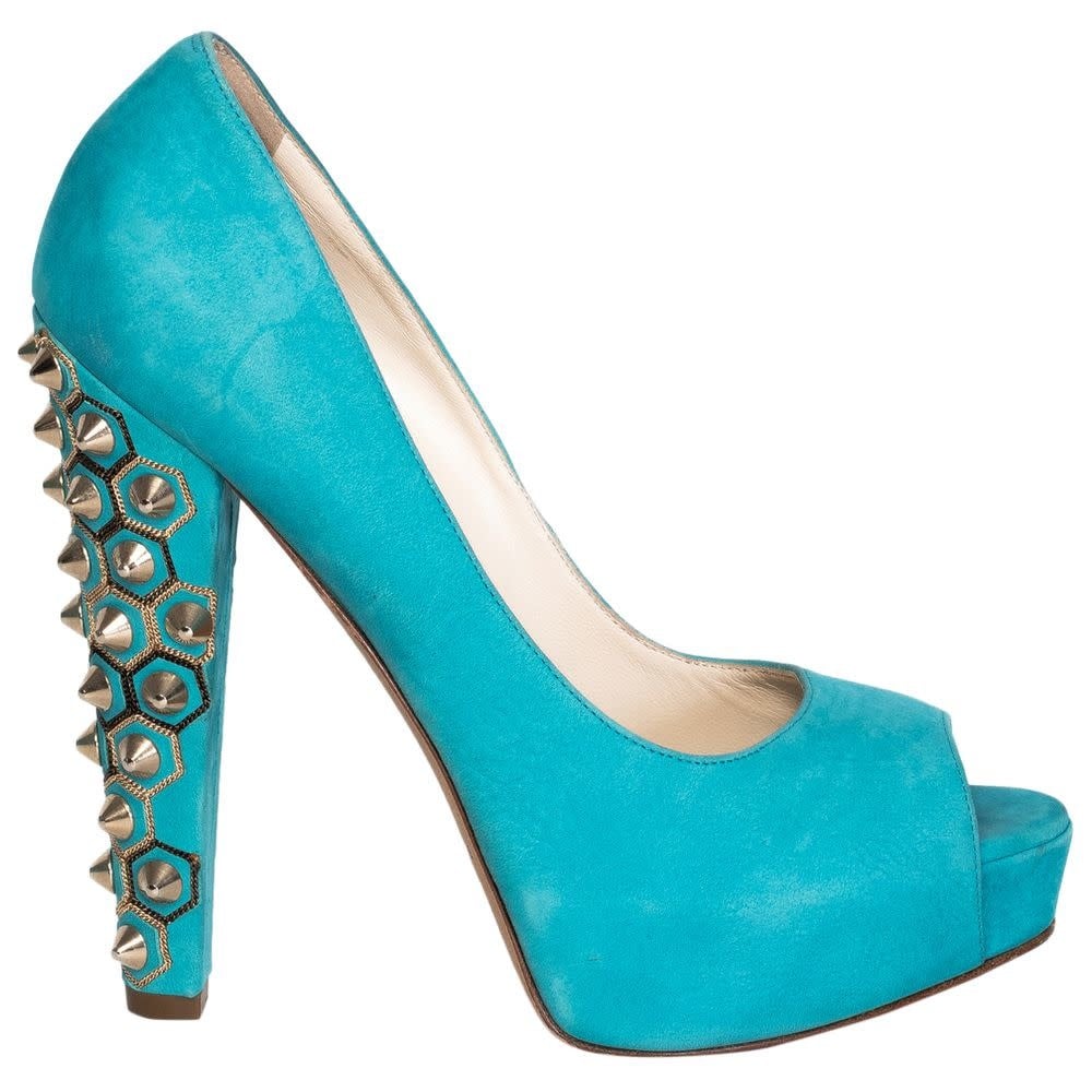 BRIAN ATWOOD TURQUOISE SUEDE POWER STUDDED PEEP TOE PUMPS (36.5 EU)