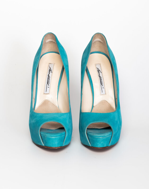 BRIAN ATWOOD BRIAN ATWOOD TURQUOISE SUEDE POWER STUDDED PEEP TOE PUMPS (36.5 EU)