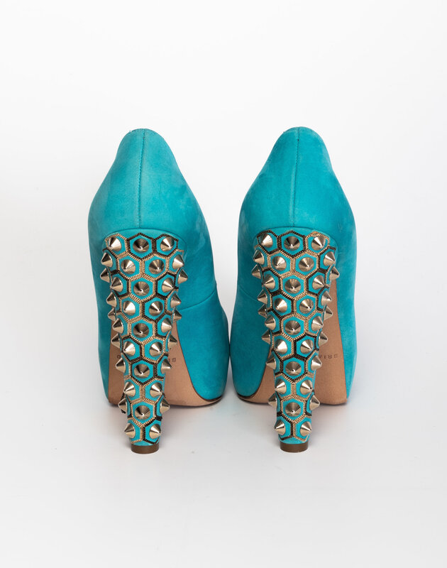 BRIAN ATWOOD TURQUOISE SUEDE POWER STUDDED PEEP TOE PUMPS (36.5 EU)