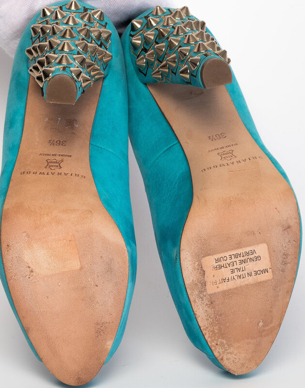 BRIAN ATWOOD TURQUOISE SUEDE POWER STUDDED PEEP TOE PUMPS (36.5 EU)