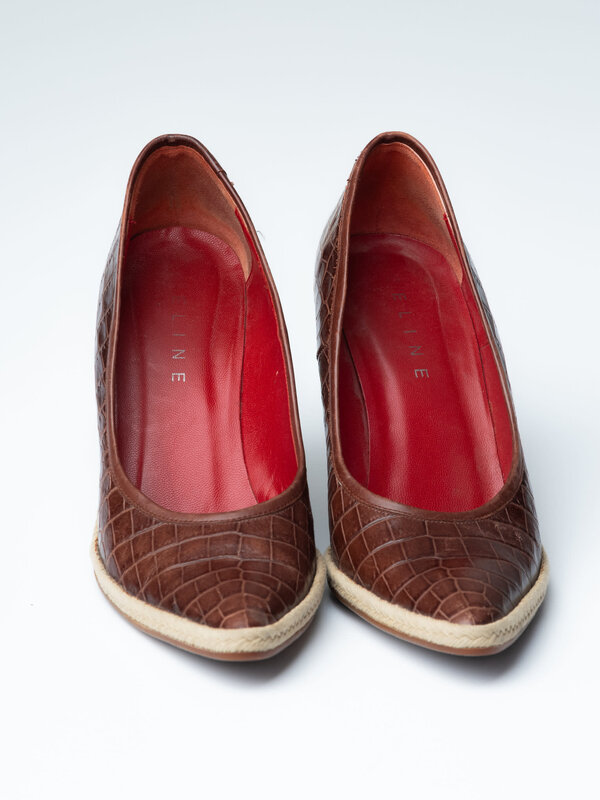 CELINE CELINE CROC EMBOSSED LEATHER WEDGE ESPADRILLE  (38.5 EU)