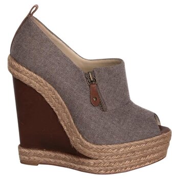CHRISTIAN LOUBOUTIN CHRISTIAN LOUBOUTIN GREY AND BROWN WOOL PEEP TOE DEROBA WEDGE ESPADRILLES (37 EU)