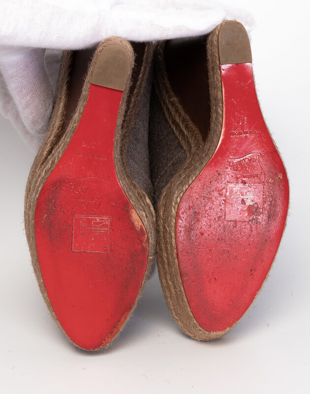 CHRISTIAN LOUBOUTIN CHRISTIAN LOUBOUTIN GREY AND BROWN WOOL PEEP TOE DEROBA WEDGE ESPADRILLES (37 EU)