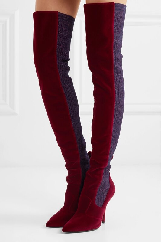 FENDI BURGUNDY ROCKOKO VELVET & METALLIC RIBBED-KNIT THIGH BOOTS (36 EU)