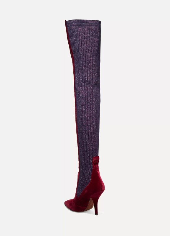 FENDI BURGUNDY ROCKOKO VELVET & METALLIC RIBBED-KNIT THIGH BOOTS (36 EU)