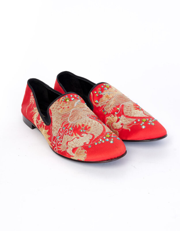 GIUSEPPE ZANOTTI RED EMBROIDERED CRYSTAL DRAGON LOAFERS (45 EU)