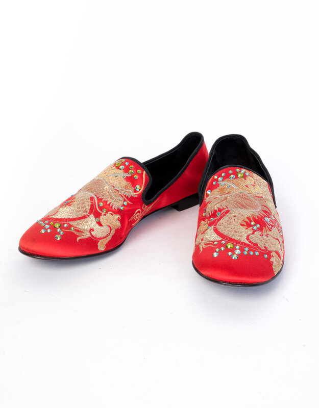 GIUSEPPE ZANOTTI RED EMBROIDERED CRYSTAL DRAGON LOAFERS (45 EU)