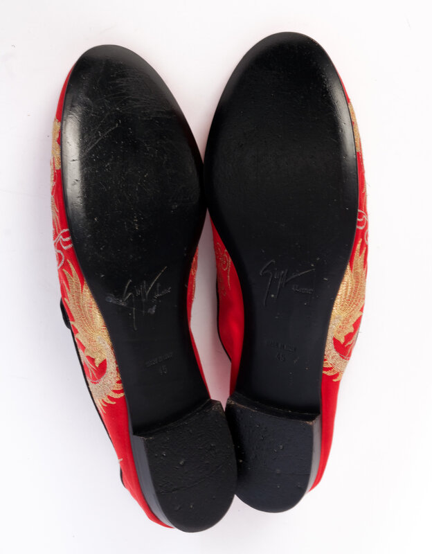 GIUSEPPE ZANOTTI RED EMBROIDERED CRYSTAL DRAGON LOAFERS (45 EU)