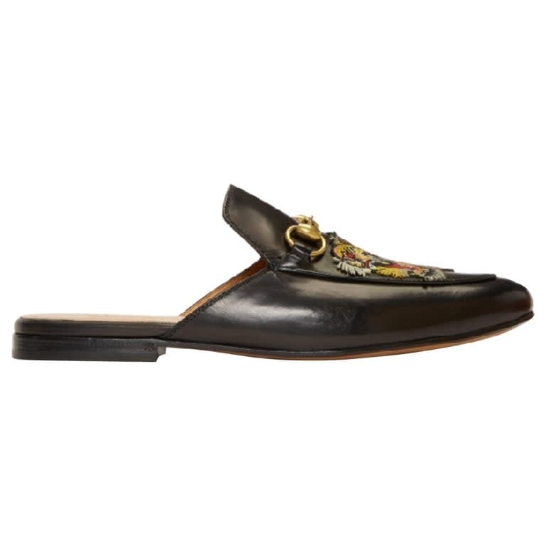 GUCCI PRINCETOWN TIGER LEATHER BACKLESS LOAFERS (5.5 US)
