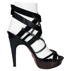 HERVÉ LÉGER HERVE LEGER PYTHON EMB. STRAPPY STILETTO PLATFORM SANDAL (38.5 EU) BLACK