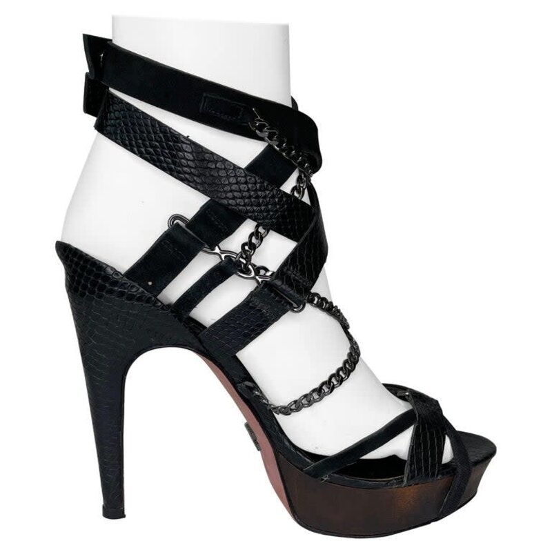 HERVÉ LÉGER HERVE LEGER PYTHON EMB. STRAPPY STILETTO PLATFORM SANDAL (38.5 EU) BLACK