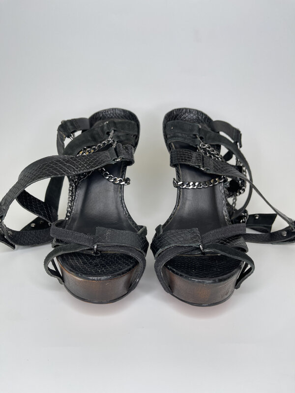 HERVÉ LÉGER HERVE LEGER PYTHON EMB. STRAPPY STILETTO PLATFORM SANDAL (38.5 EU) BLACK