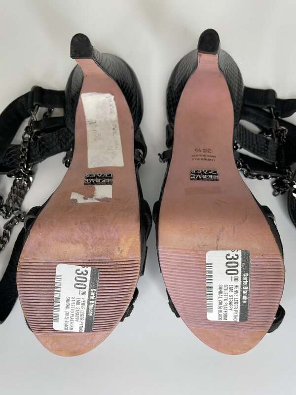 HERVÉ LÉGER HERVE LEGER PYTHON EMB. STRAPPY STILETTO PLATFORM SANDAL (38.5 EU) BLACK