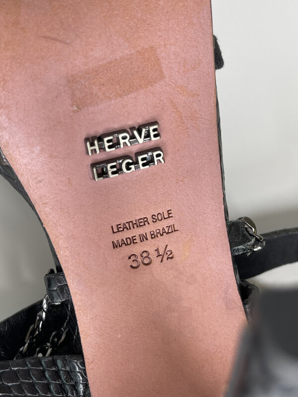 HERVÉ LÉGER HERVE LEGER PYTHON EMB. STRAPPY STILETTO PLATFORM SANDAL (38.5 EU) BLACK