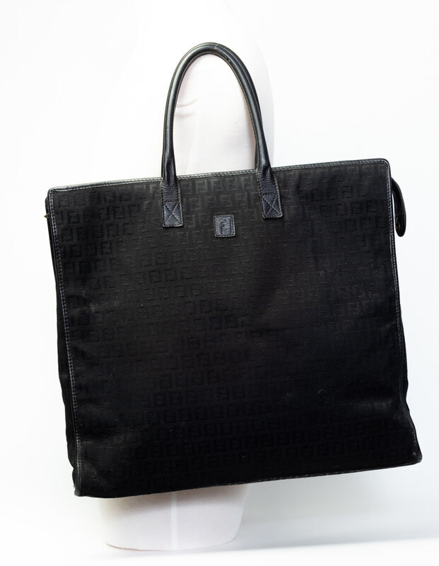 FENDI VINTAGE BLACK CANVAS ZUCCHIANO XL MONO TOTE BAG