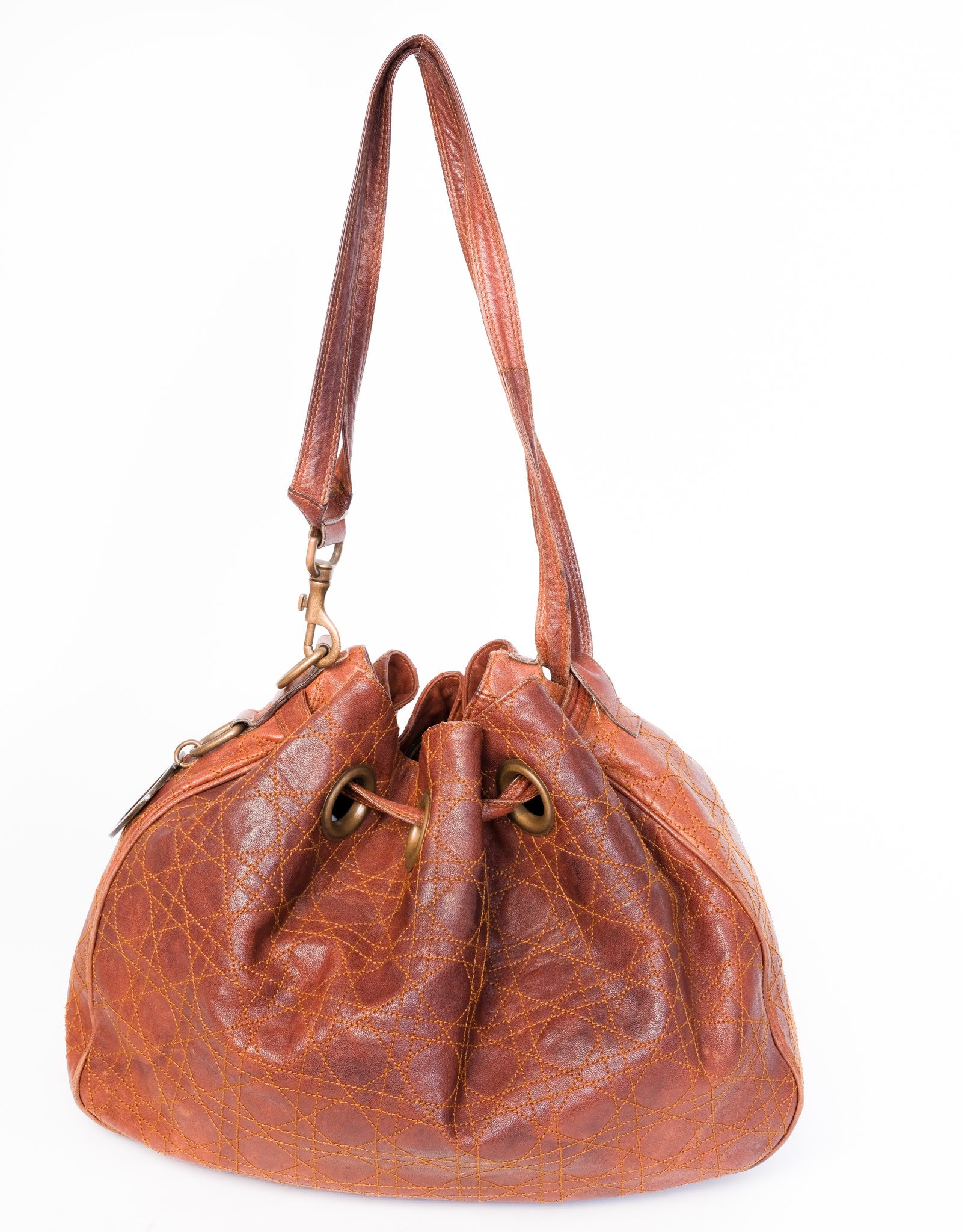 Christian Dior Purse Brown Leather Large Drawstring Quilted Bucket