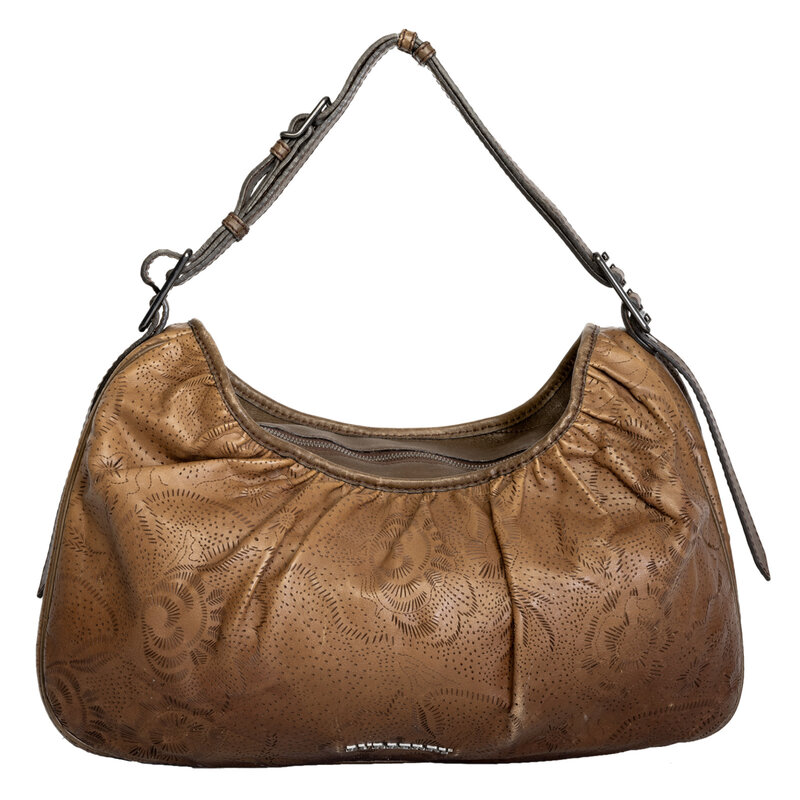 BURBERRY BROWN LEATHER LASER CUT FLORAL HOBO BAG