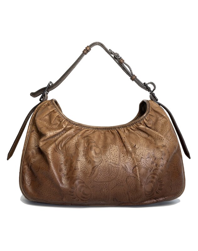 BURBERRY BROWN LEATHER LASER-CUT FLORAL HOBO BAG