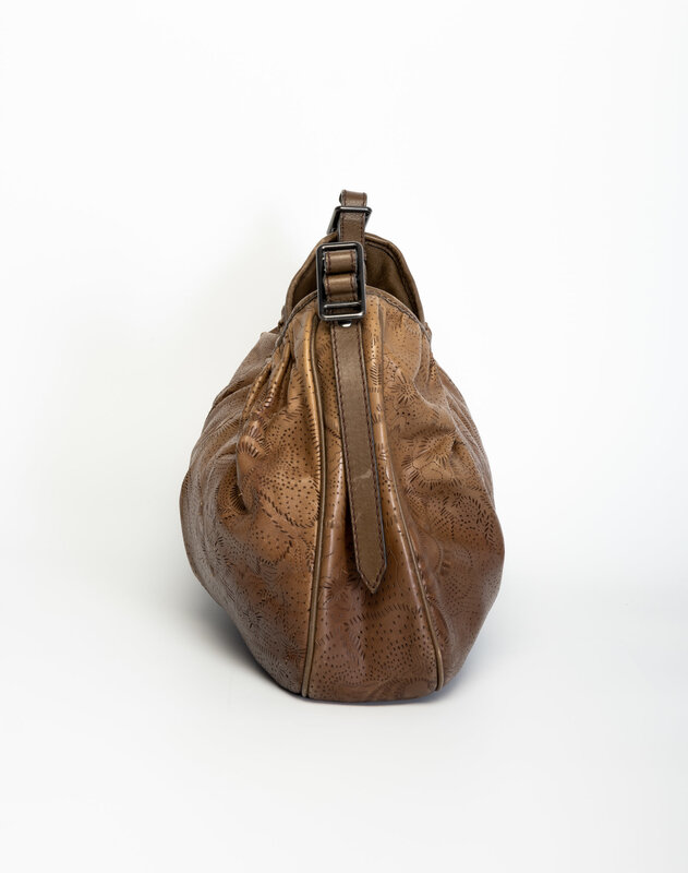 BURBERRY BROWN LEATHER LASER-CUT FLORAL HOBO BAG