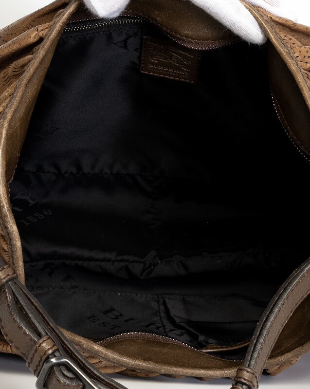 BURBERRY BROWN LEATHER LASER-CUT FLORAL HOBO BAG