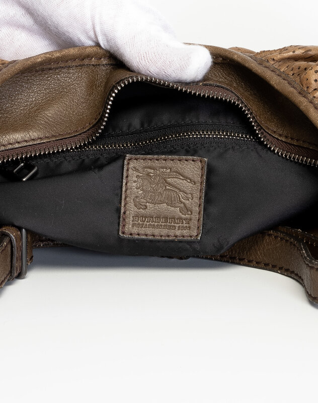 BURBERRY BROWN LEATHER LASER-CUT FLORAL HOBO BAG