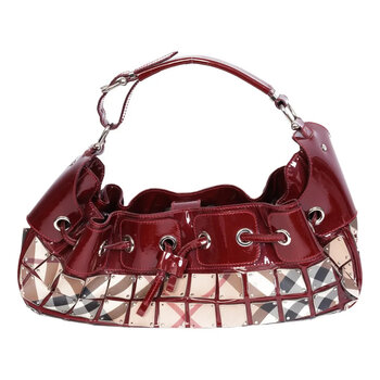 BURBERRY LONDON BURGUNDY PATENT NOVA CHECK WARRIOR SHOULDER BAG