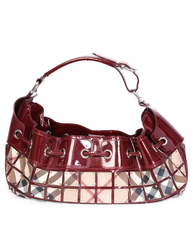 LONDON BURGUNDY PATENT NOVA CHECK WARRIOR SHOULDER BAG