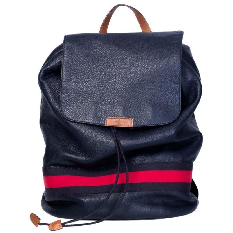 GUCCI GUCCI SIGNATURE LEATHER WEB NAVY BACKPACK