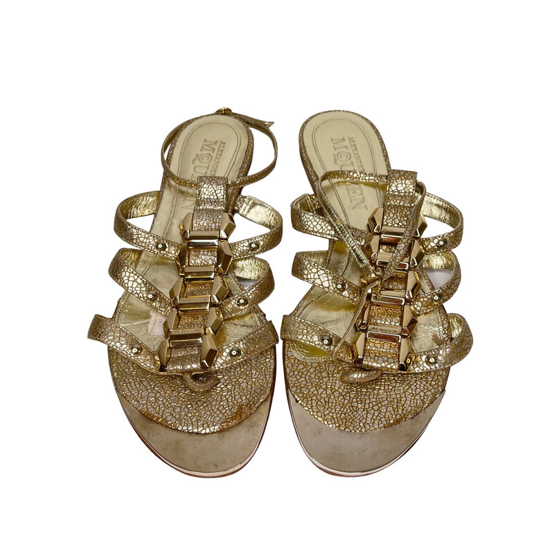 ALEXANDER MCQUEEN GOLD SNAKE EMBOSSED LEATHER SANDAL (39.5 EU) WOMEN’S