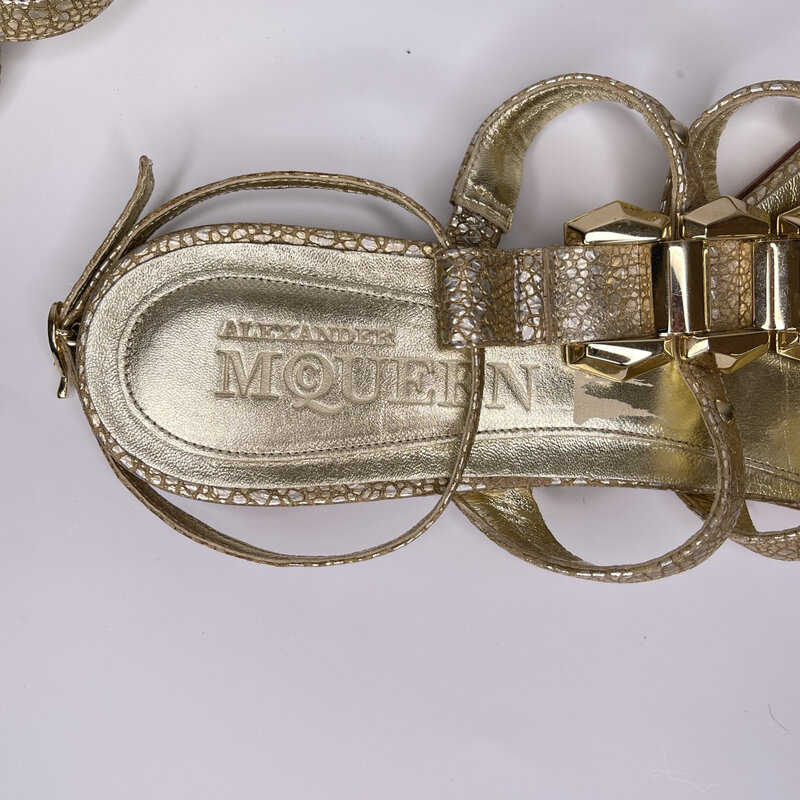 ALEXANDER MCQUEEN GOLD SNAKE EMBOSSED LEATHER SANDAL (39.5 EU) WOMEN’S