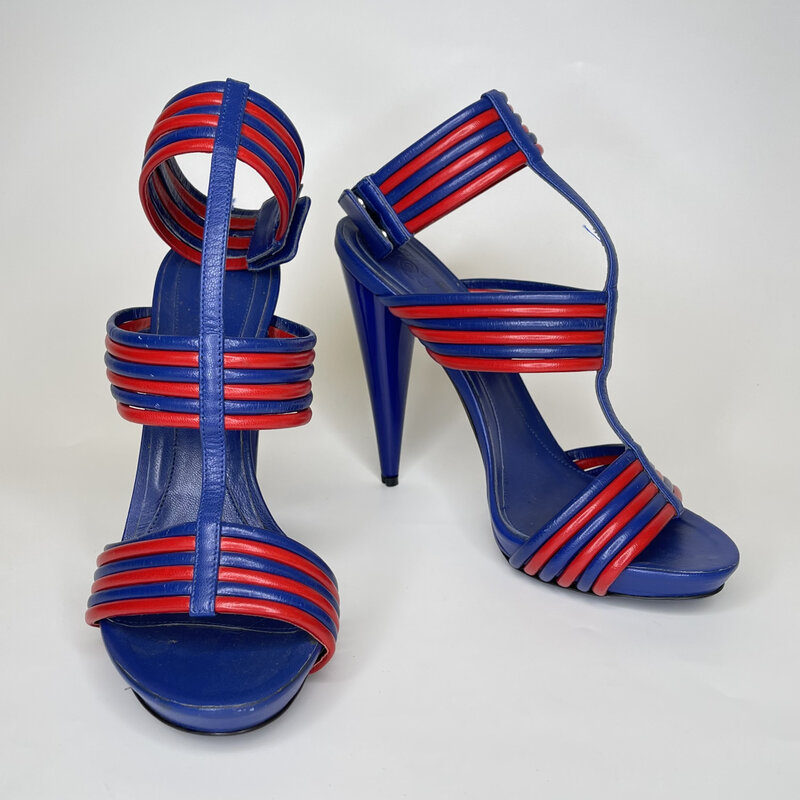 ALEXANDER MCQUEEN HENDRIX BLUE RED LEATHER SANDAL HEEL (39.5 EU)