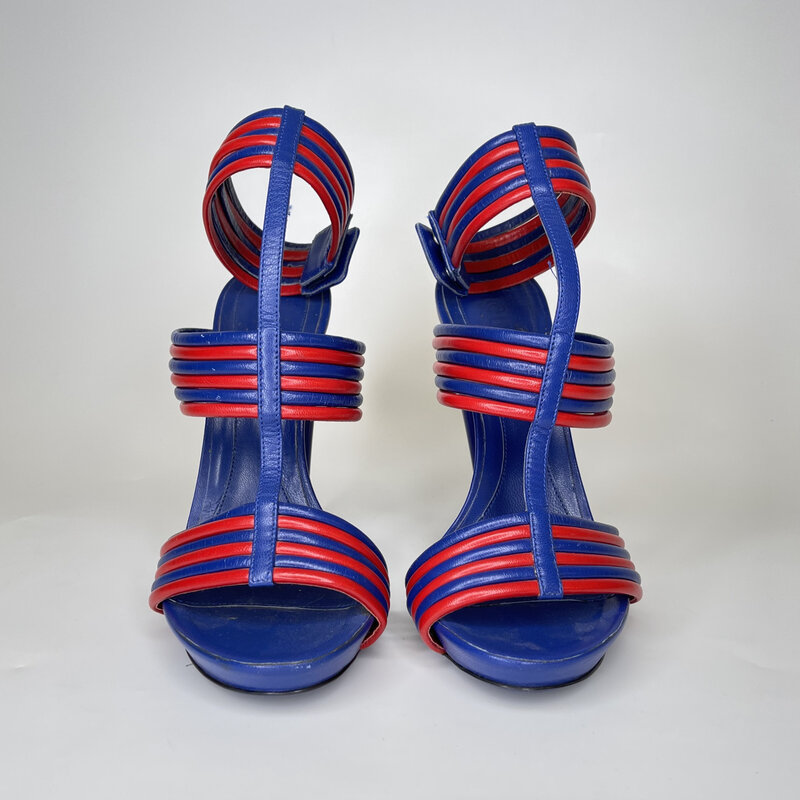 ALEXANDER MCQUEEN HENDRIX BLUE RED LEATHER SANDAL HEEL (39.5 EU)