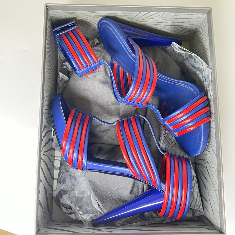 ALEXANDER MCQUEEN HENDRIX BLUE RED LEATHER SANDAL HEEL (39.5 EU)
