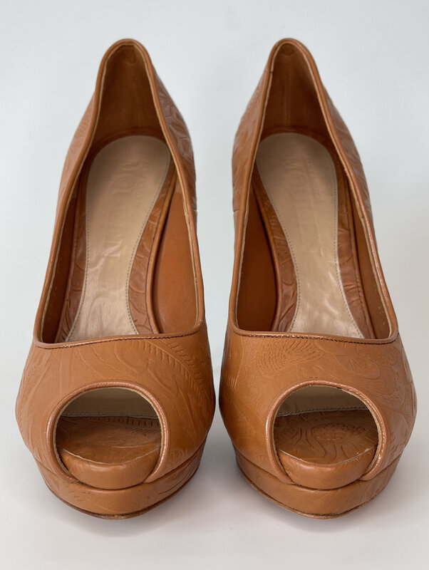ALEXANDER MCQUEEN WESTERN LEATHER BANDOLERO BRANDY SANDAL HEEL (37.5 EU)