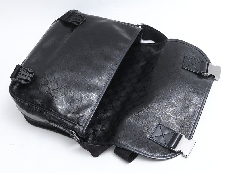 GUCCI BLACK IMPRIME MONOGRAM FLAP MEDIUM MESSENGER BAG