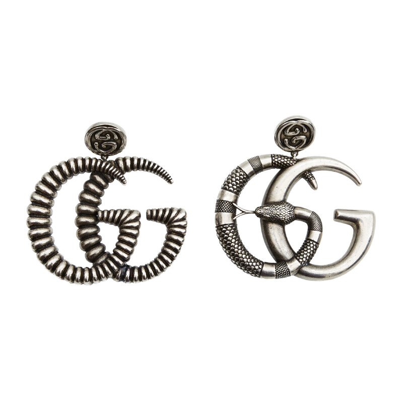 GUCCI ANTIQUED SILVER TONE SNAKE MISMATCH EARRINGS