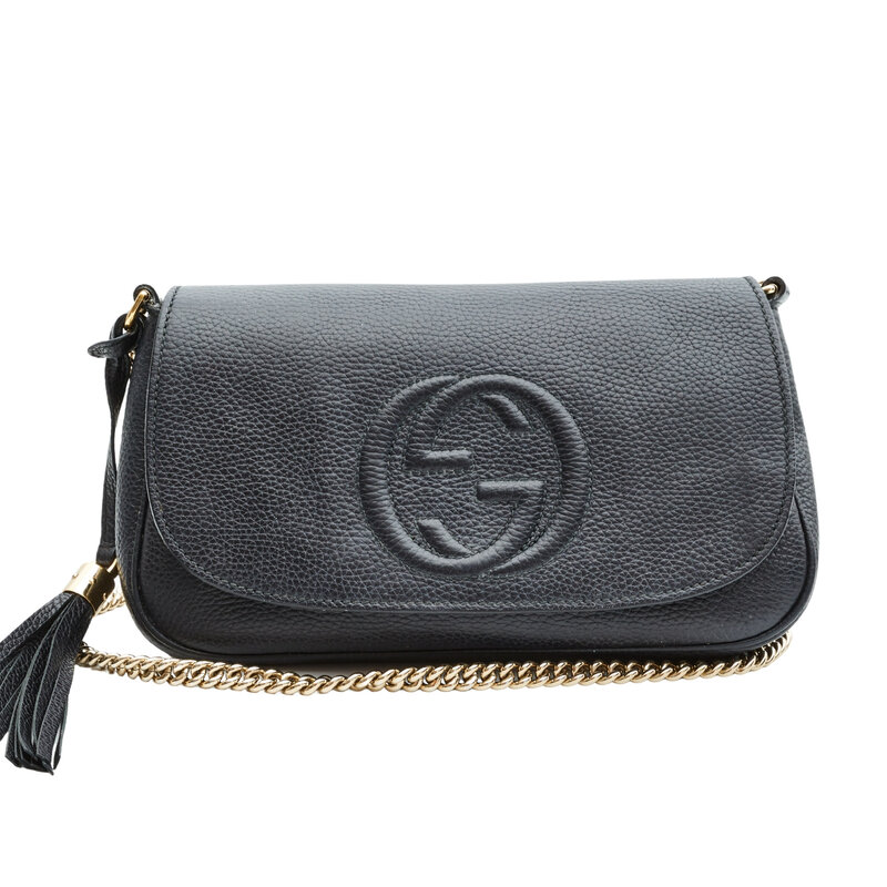 GUCCI INTERLOCKING GG SOHO BLACK LEATHER FLAP SHOULDER BAG (336752)