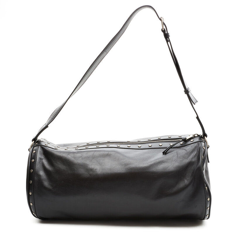 SAINT LAURENT BLACK LEATHER STUDED GYM DUFFLE BAG (553965)