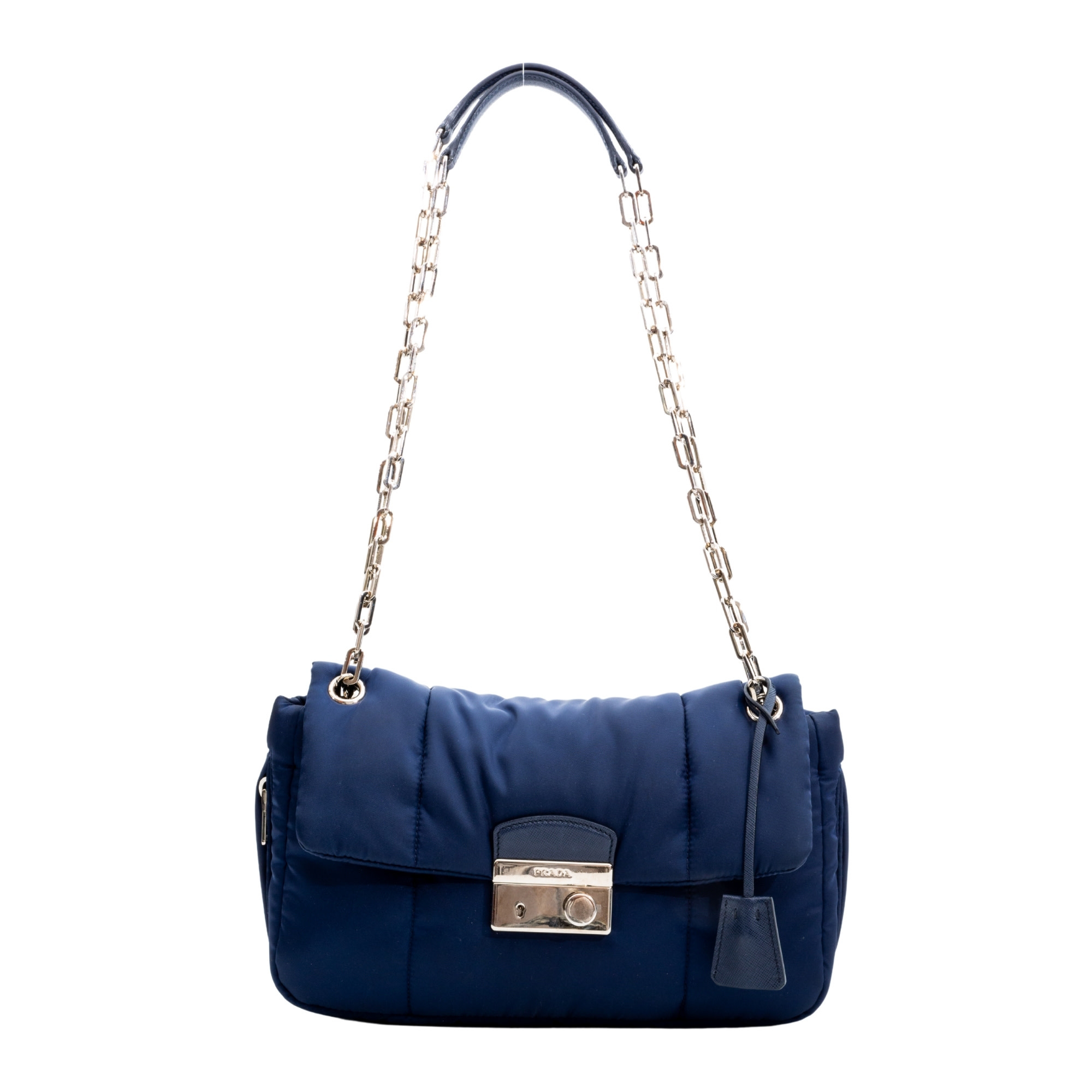 PRADA SQUARE QUILTED NAVY PUFFER FLAP BAG