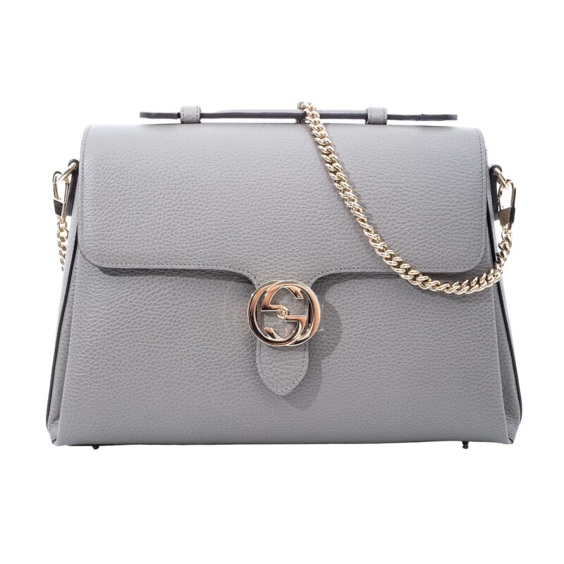 GUCCI DOLLAR CALFSKIN INTERLOCKING GG TOP HANDLE MEDIUM SHOULDER BAG GREY