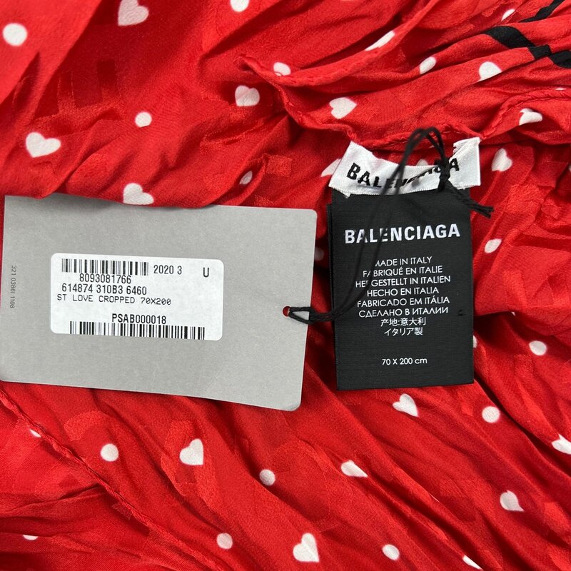 BALENCIAGA HEART LOVE RED LOGO SILK SCARF (614874)