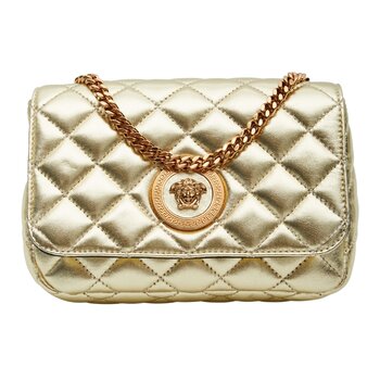 VERSACE VERSACE QUILTED LEATHER GOLD MEDUSA HEAD SMALL FLAP CROSSBODY BAG