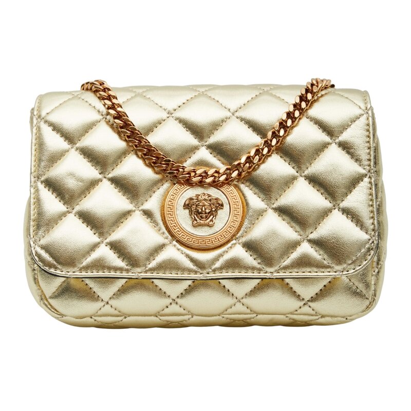 VERSACE QUILTED LEATHER GOLD MEDUSA HEAD SMALL FLAP CROSSBODY BAG