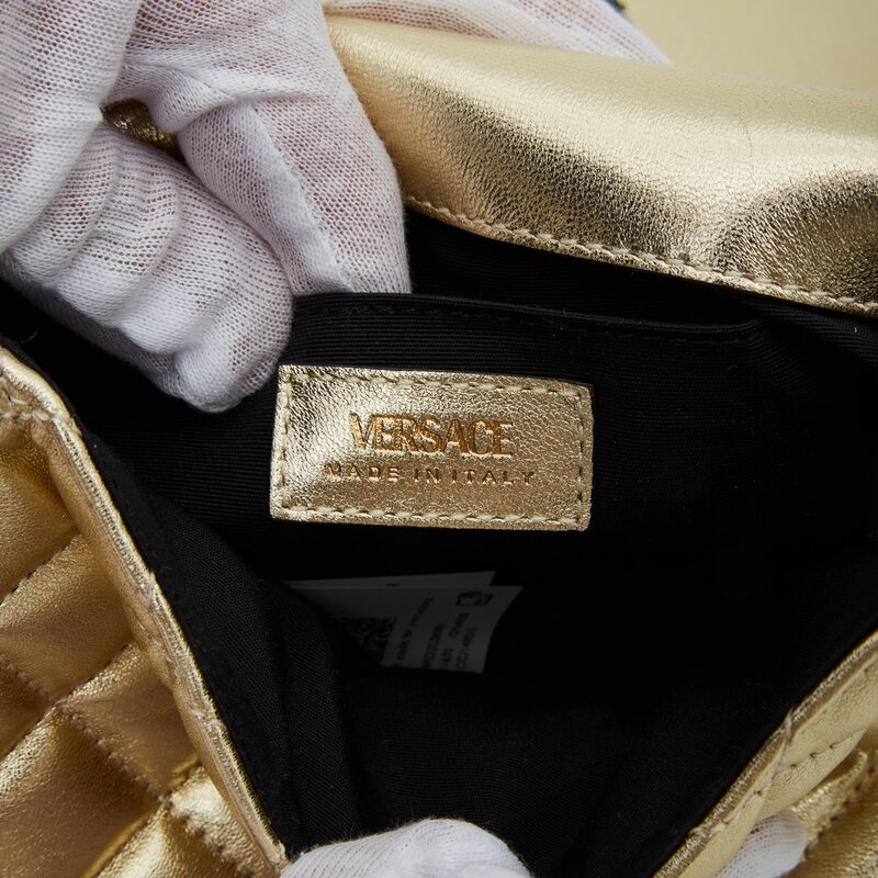 VERSACE QUILTED LEATHER GOLD MEDUSA HEAD SMALL FLAP CROSSBODY BAG