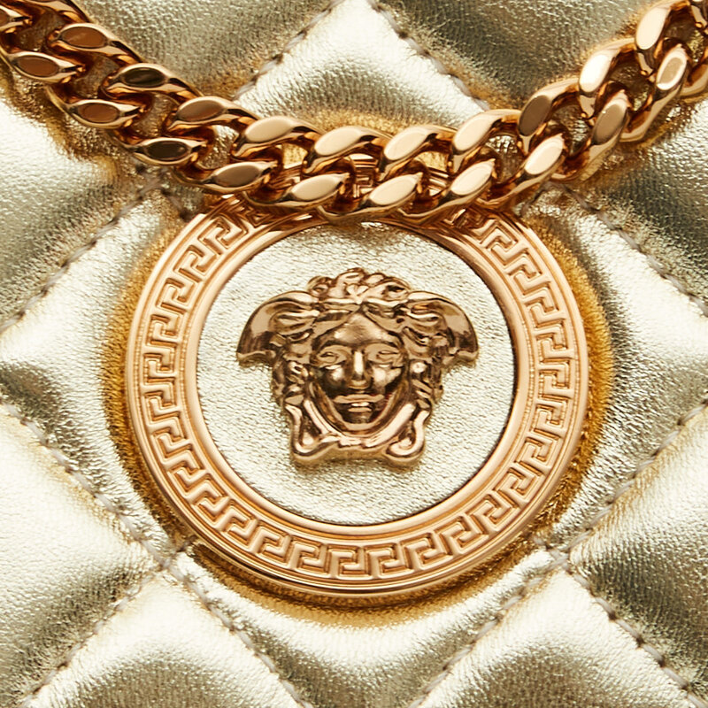 VERSACE VERSACE QUILTED LEATHER GOLD MEDUSA HEAD SMALL FLAP CROSSBODY BAG