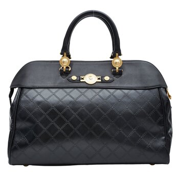 VERSACE VERSACE VINTAGE BLACK LEATHER MOTIF EMBOSSED BRIEFCASE WEEKEND BAG