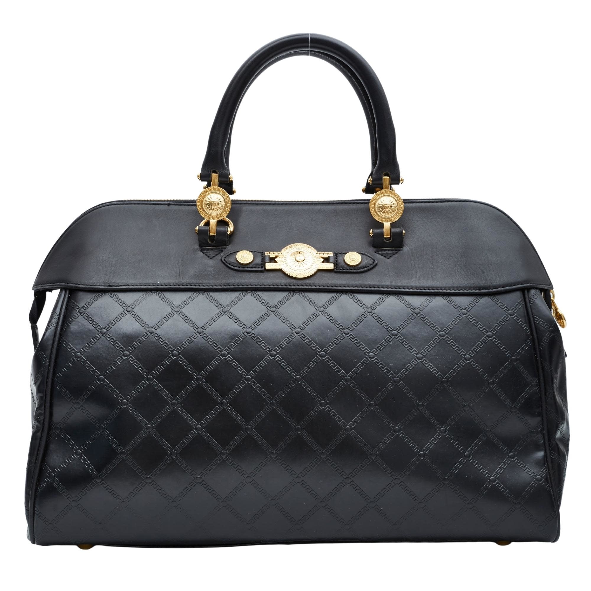 VERSACE VINTAGE BLACK LEATHER MOTIF EMBOSSED BRIEFCASE WEEKEND BAG CRTBLNCHSHP